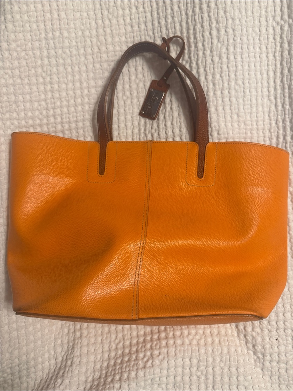 Orange Leather Tote with Brown Handles